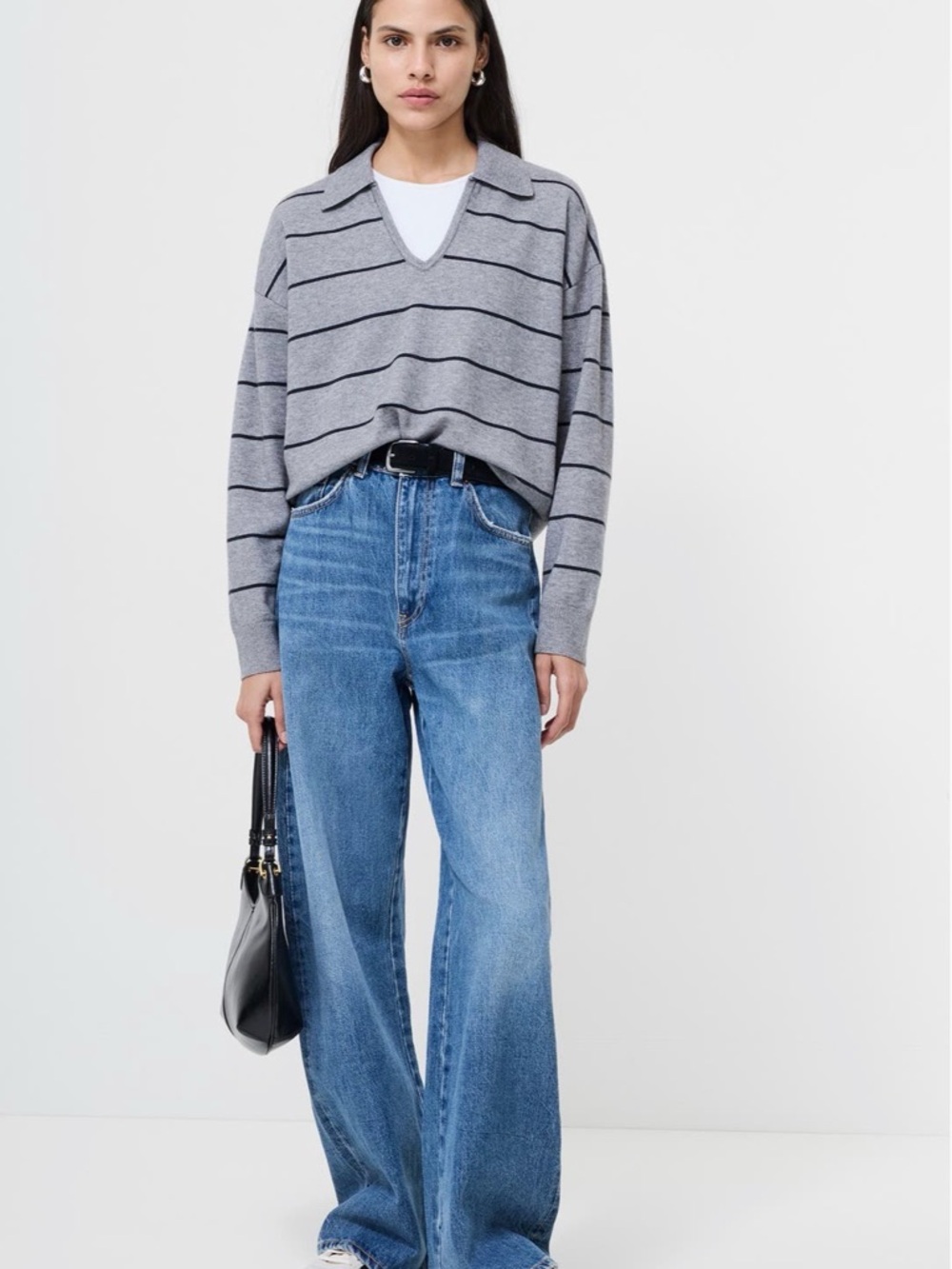 French Connection Gray Striped Collared V-Neck Sweater - Picture 2 of 5
